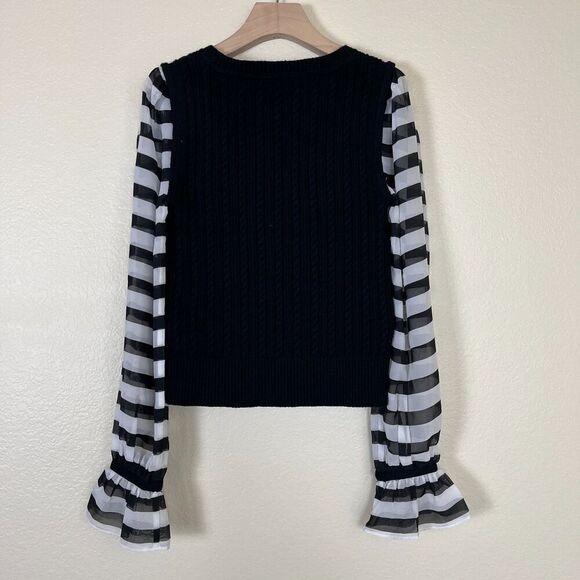 Maeve Women's Size S Black Contrast Sheer Sleeve Cable Knit Striped Sweater Goth - Picture 10 of 16